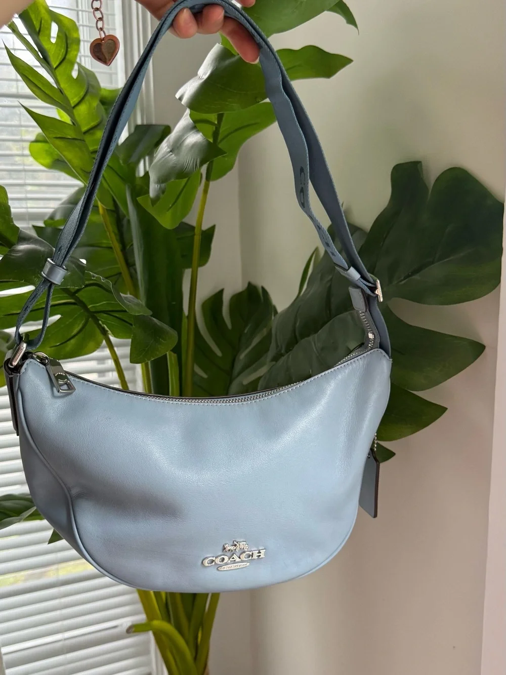 Coach Light Blue Leather Crescent Crossbody with Logo Strap